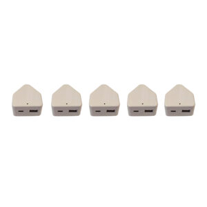 Five white wedge-shaped USB hubs lined up in a row, each with a USB-A port on the front.