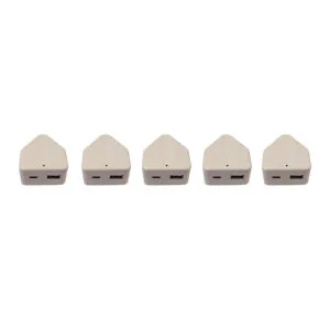 Five white wedge-shaped USB hubs lined up in a row, each with a USB-A port on the front.