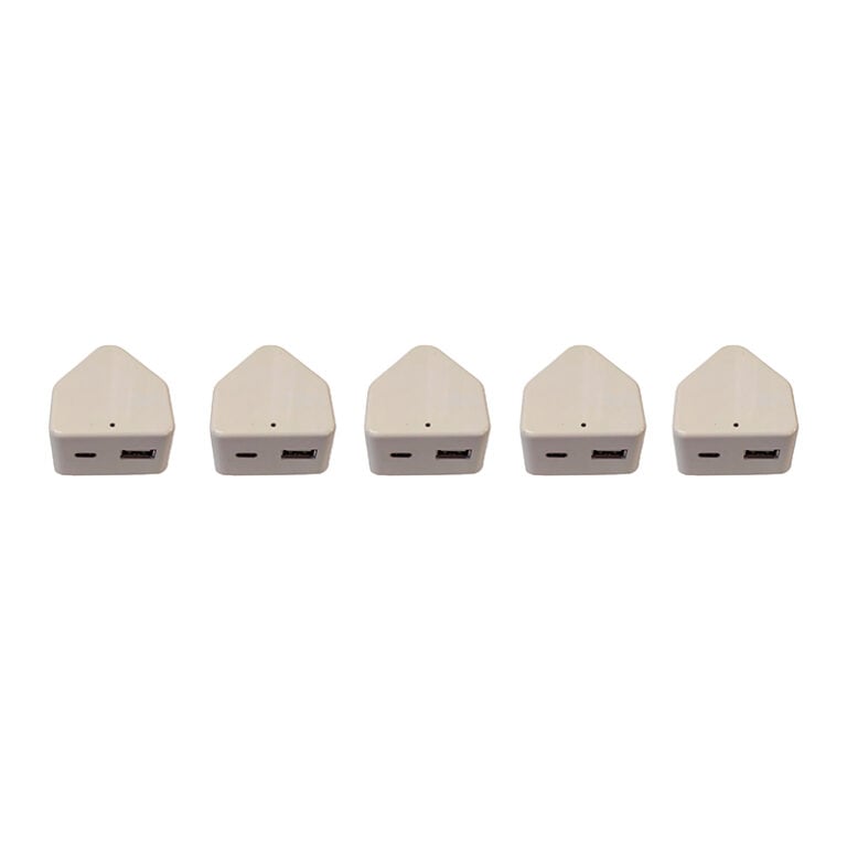 Five white wedge-shaped USB hubs lined up in a row, each with a USB-A port on the front.