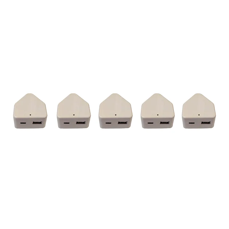 Five white wedge-shaped USB hubs lined up in a row, each with a USB-A port on the front.