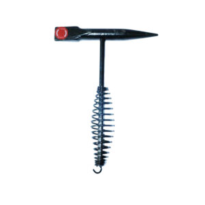 Long metal coil spring with a curved hook at the end and a flat T-bar on top, a hand-operated spring tool.