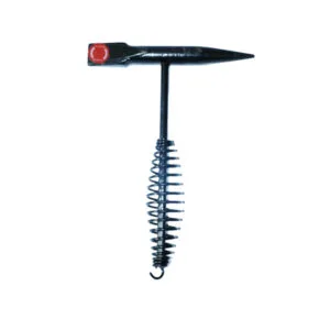 Long metal coil spring with a curved hook at the end and a flat T-bar on top, a hand-operated spring tool.