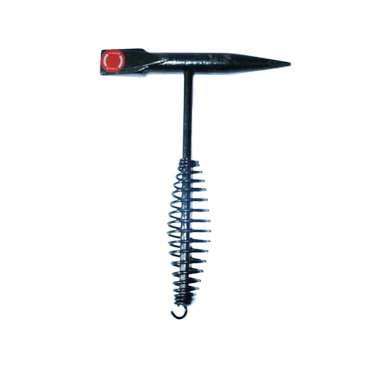 Long metal coil spring with a curved hook at the end and a flat T-bar on top, a hand-operated spring tool.