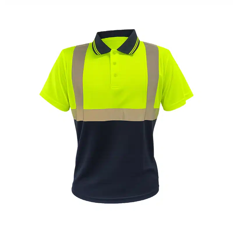 High visibility Polo Shirt with Neon Yellow Upper and Navy Lower Portion and Reflective Stripes for Safety