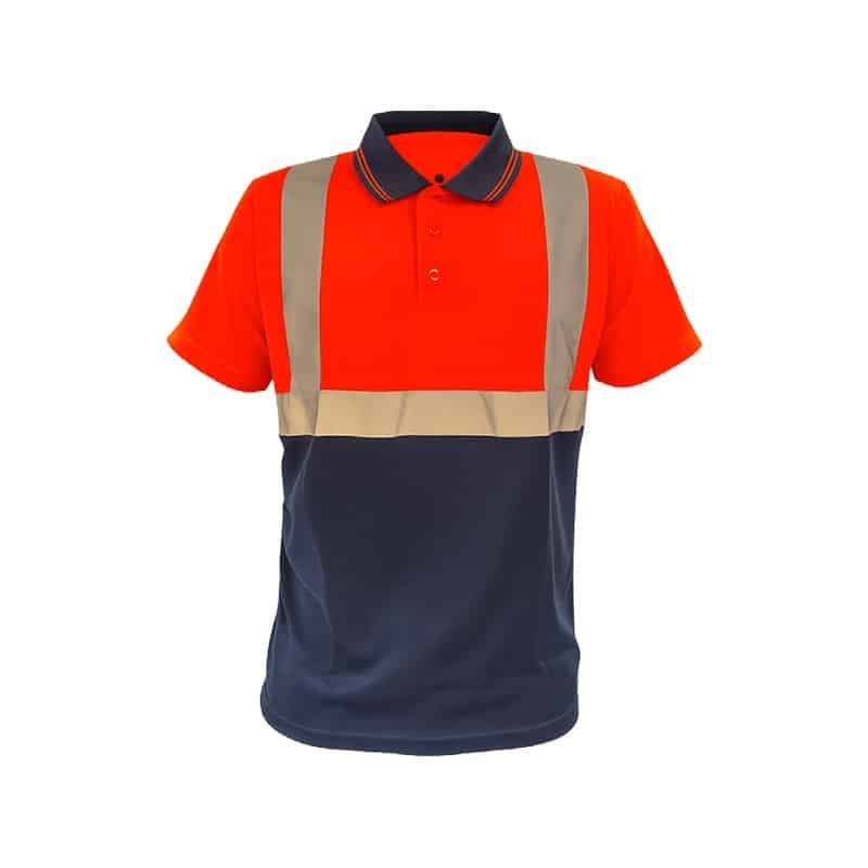 WR0245 | Securadeal High visibility Polo Shirt with Bright Orange Top Navy Lower Panel and Beige Reflective Stripes Across Chest and Shoulders