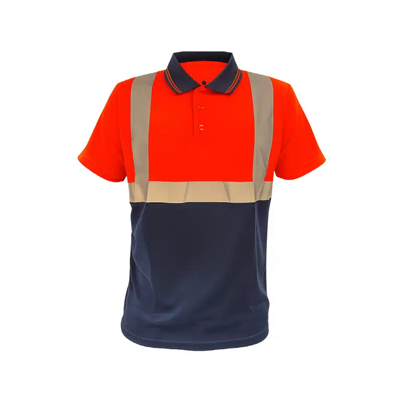 High visibility Polo Shirt with Bright Orange Top Navy Lower Panel and Beige Reflective Stripes Across Chest and Shoulders