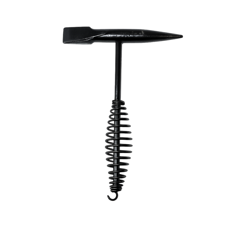 T-shaped metal corkscrew with a long spiraled shaft against a gray gradient background.
