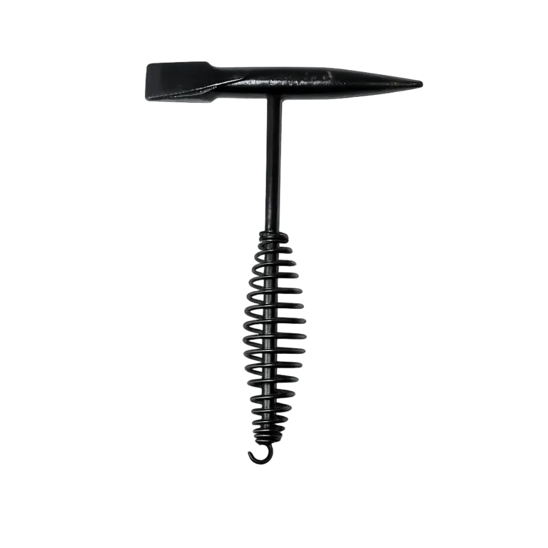 T-shaped metal corkscrew with a long spiraled shaft against a gray gradient background.