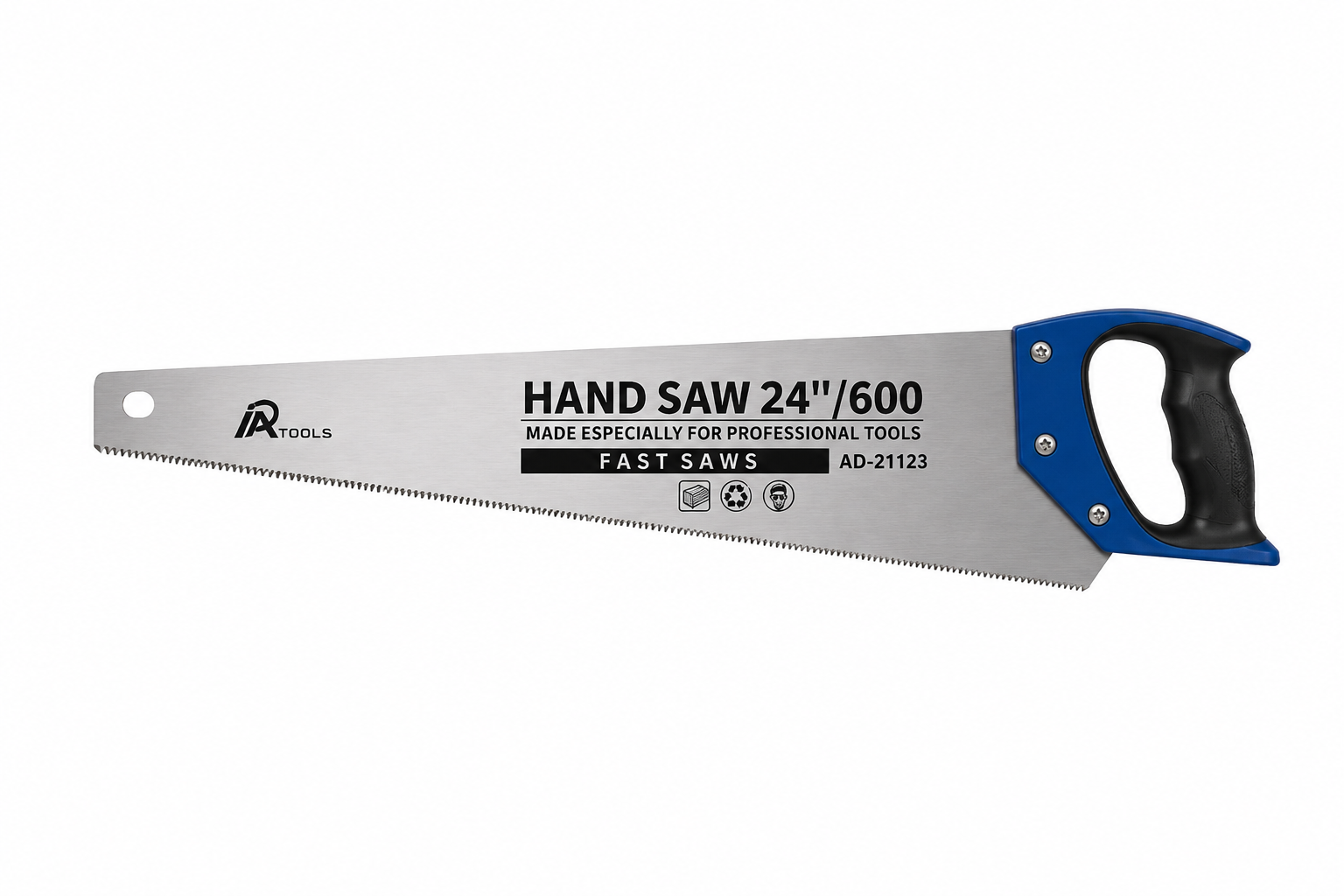 a2233015-a174-4e92-880c-529425cdb738 | Securadeal 24 inch Hand Saw with a Blue Ergonomic Handle and Serrated Blade Labeled for Professional Use fast Saws on the Blade Edge