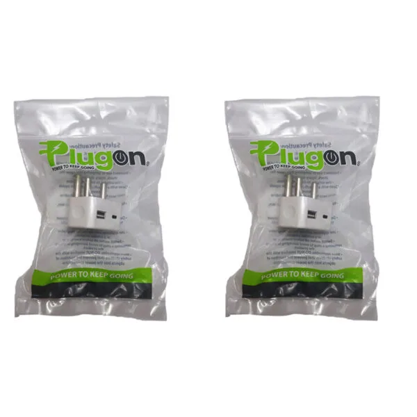 Two white USB wall chargers in clear plastic packaging with green 'Plug On' branding, shown side by side.