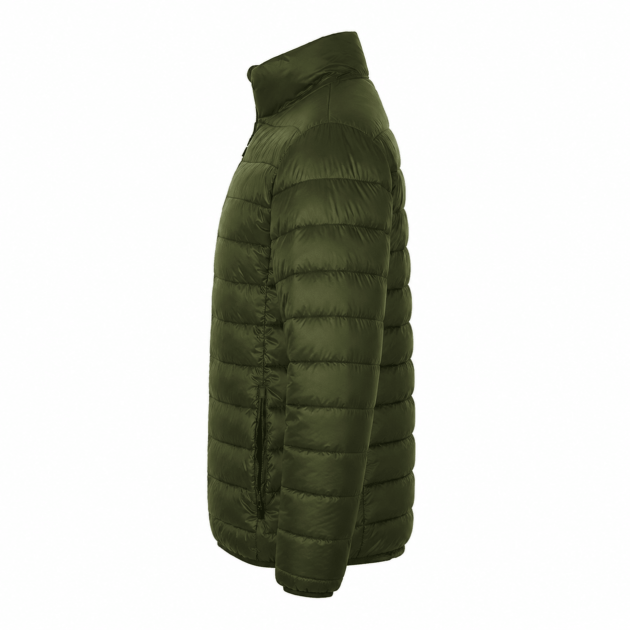 b7717c91-3e3d-47c8-9205-9359022c0463 | Securadeal Olive Green Puffer Jacket Shown from the Side Quilted with Horizontal Baffles and a High Collar