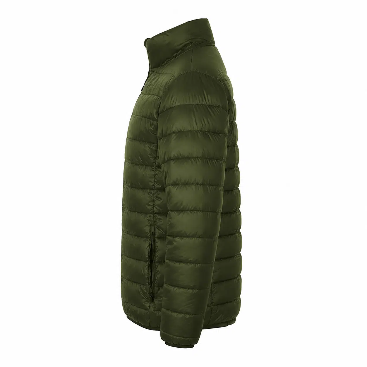 Olive Green Puffer Jacket Shown from the Side Quilted with Horizontal Baffles and a High Collar