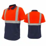 Hi vis Polo Shirt in Orange and Navy with Reflective Stripes Shown from Front and Back