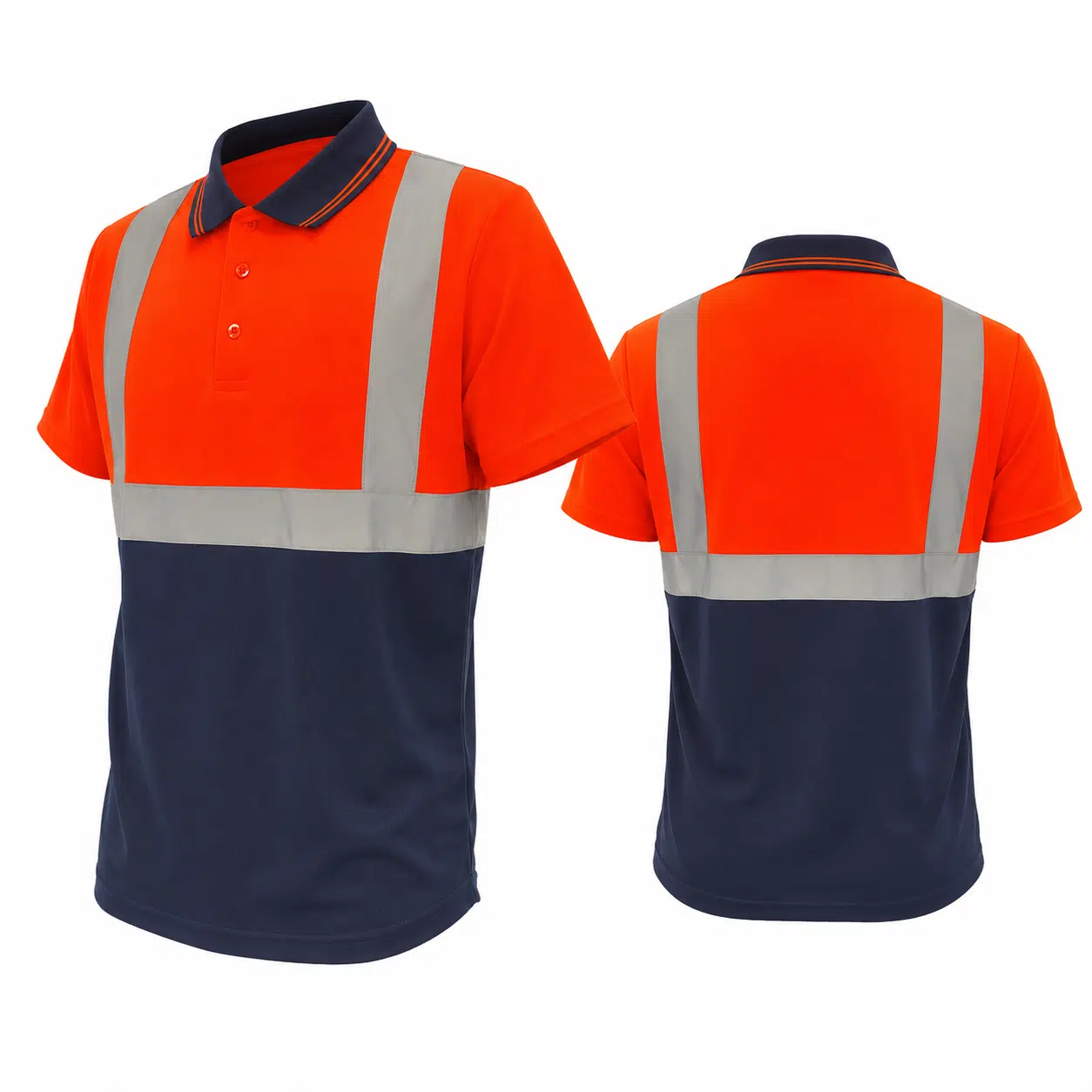 Hi vis Polo Shirt in Orange and Navy with Reflective Stripes Shown from Front and Back