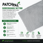cc2e560b-ac45-4cdd-8c29-0ca2c2cde13b | Securadeal Patchpal Biodegradable Netting Infographic Showing Product with Green Header Specs Like Density Melt Rate Tearing and Breaking Forces and Icons Highlighting Biodegradability and Durability for Patch Repairs