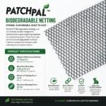 cc2e560b-ac45-4cdd-8c29-0ca2c2cde13b | Securadeal Patchpal Biodegradable Netting Infographic Showing Product with Green Header Specs Like Density Melt Rate Tearing and Breaking Forces and Icons Highlighting Biodegradability and Durability for Patch Repairs