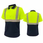 High visibility Polo Shirt in Neon Yellow with Reflective Bands and Navy Lower Section Shown from Front and Back for Safety Wear