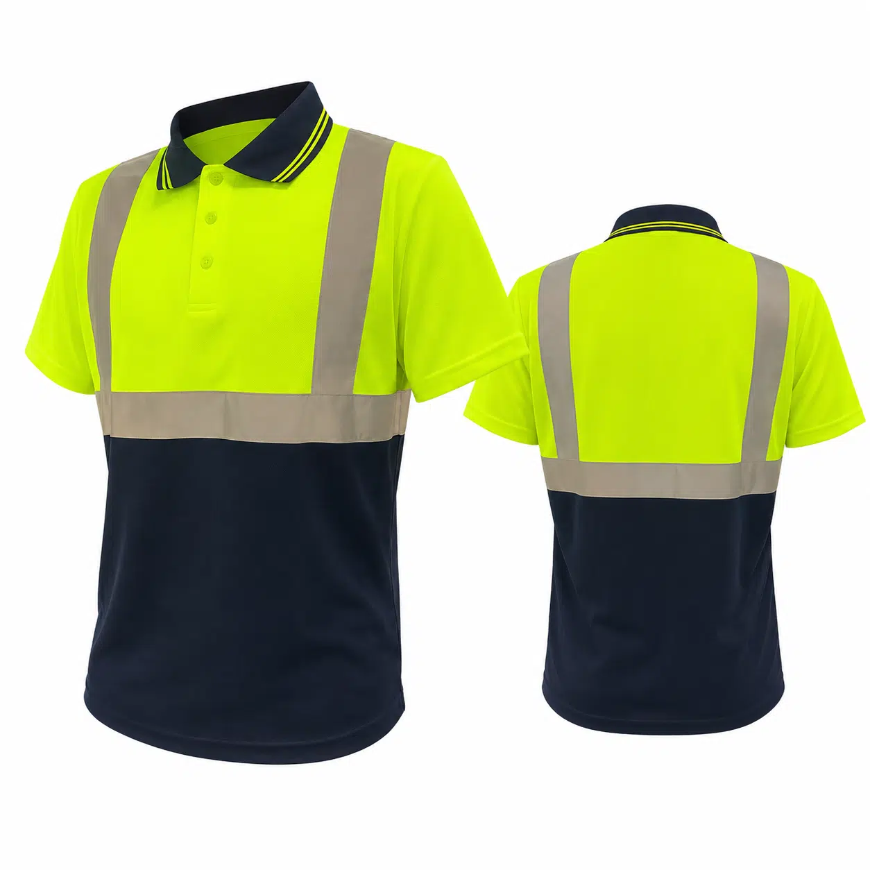 High visibility Polo Shirt in Neon Yellow with Reflective Bands and Navy Lower Section Shown from Front and Back for Safety Wear