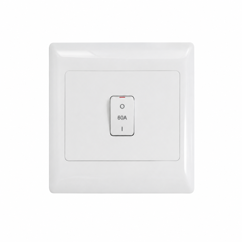 fbff3ed0-3125-4dfd-8413-63a848a8ccb5 | Securadeal White Square Wall Light Switch Plate with a Centered Vertical Toggle Labeled 0 60a I and a Small Red Indicator Above the Switch