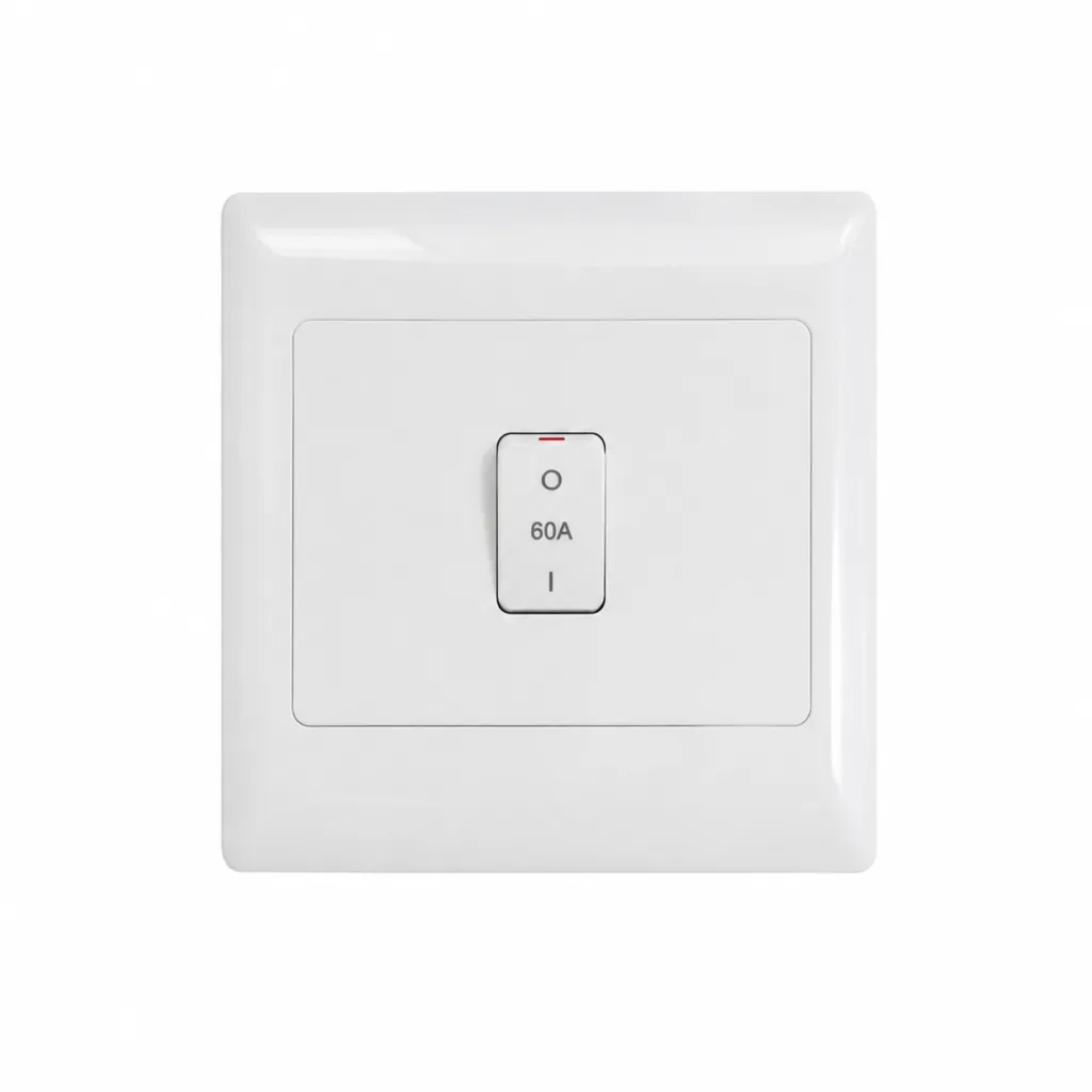 fbff3ed0-3125-4dfd-8413-63a848a8ccb5 | Securadeal White Square Wall Light Switch Plate with a Centered Vertical Toggle Labeled 0 60a I and a Small Red Indicator Above the Switch