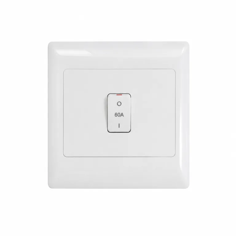 White square wall light switch plate with a centered vertical toggle labeled 0 / 60A / I and a small red indicator above the switch.