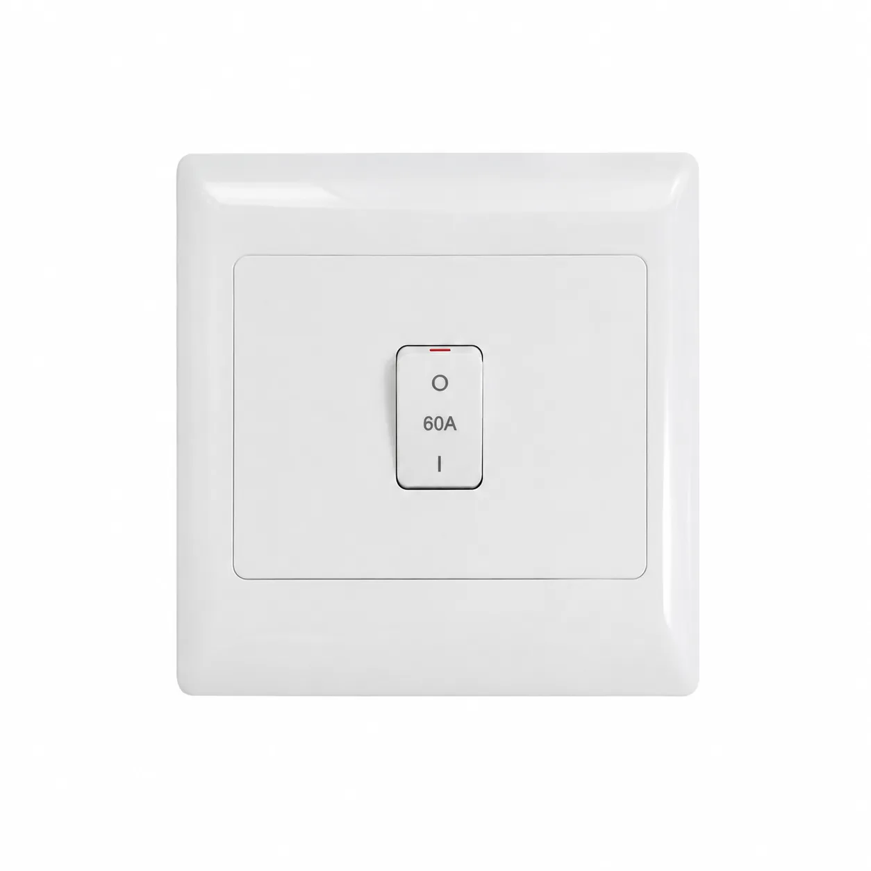 White square wall light switch plate with a centered vertical toggle labeled 0 / 60A / I and a small red indicator above the switch.