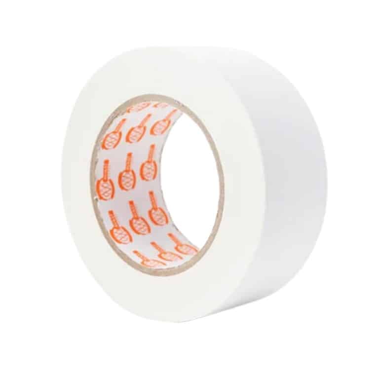 White adhesive tape roll with a visible orange logo pattern inside the core