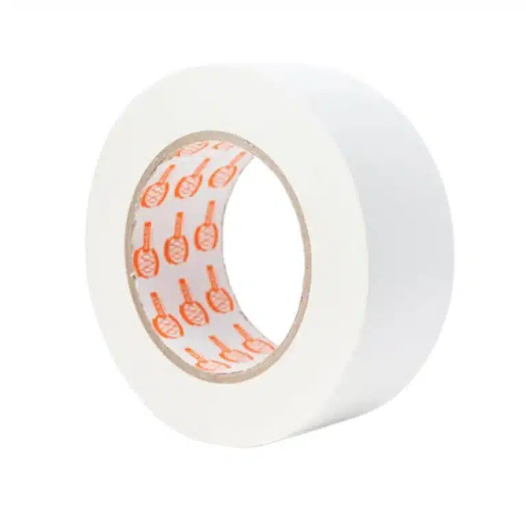 White adhesive tape roll with a visible orange logo pattern inside the core