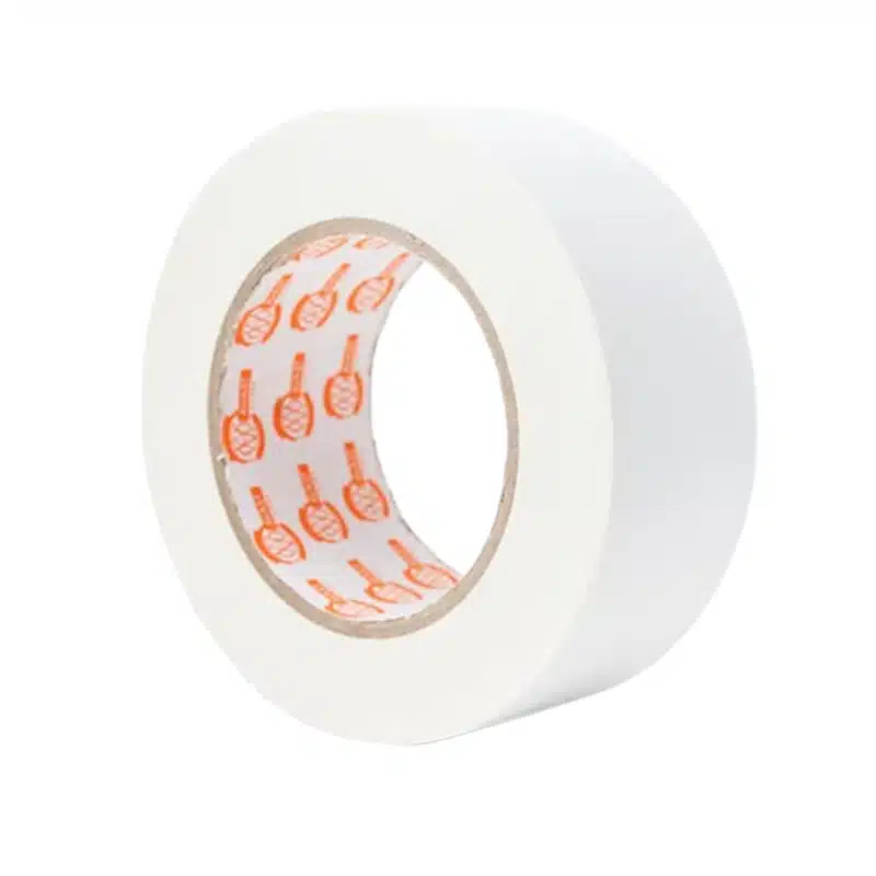 White Adhesive Tape Roll with a Visible Orange Logo Pattern Inside the Core