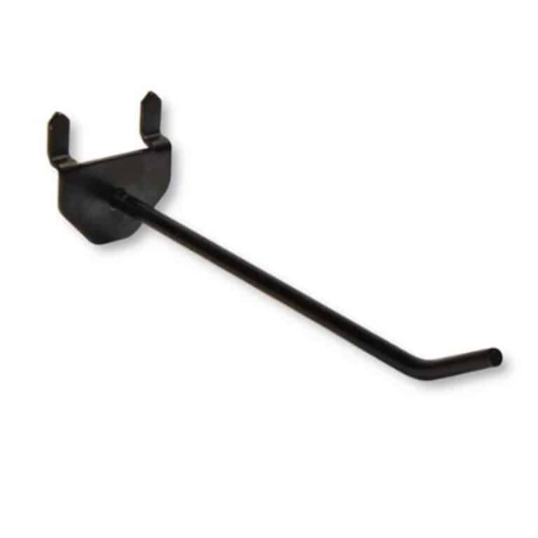 Black wall-mounted coat hook with a curved, rod-like arm for hanging items