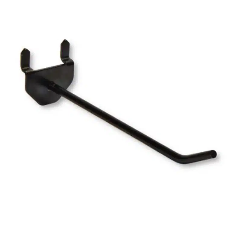 Black wall-mounted coat hook with a curved, rod-like arm for hanging items