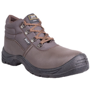 Brown leather safety boot with reinforced toe, metal eyelets, and rugged tread for workwear