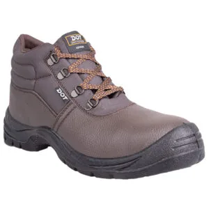 Brown leather safety boot with reinforced toe, metal eyelets, and rugged tread for workwear