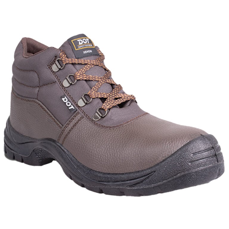 Brown leather safety boot with reinforced toe, metal eyelets, and rugged tread for workwear