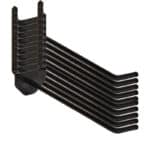 Black Metal Rack with Nine Parallel Curved Tubes Extending to the Right Mounted on a Base