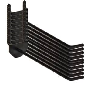 Black metal rack with nine parallel curved tubes extending to the right, mounted on a base.