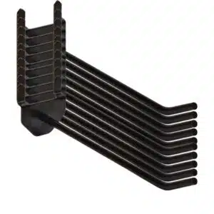 Black metal rack with nine parallel curved tubes extending to the right, mounted on a base.