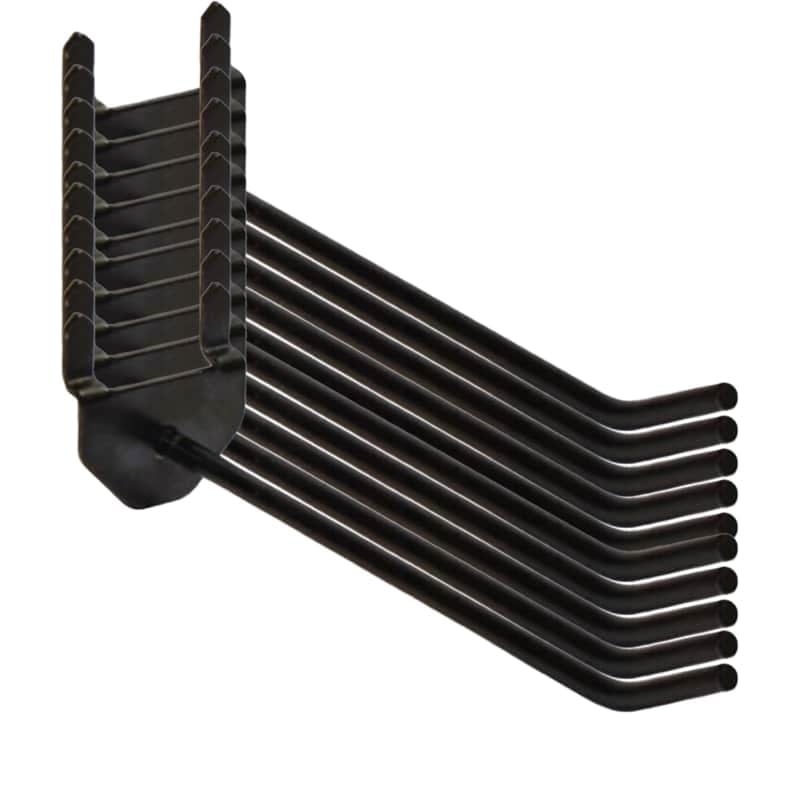 Black Metal Rack with Nine Parallel Curved Tubes Extending to the Right Mounted on a Base