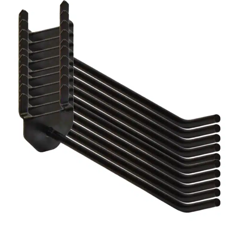 Black metal rack with nine parallel curved tubes extending to the right, mounted on a base.