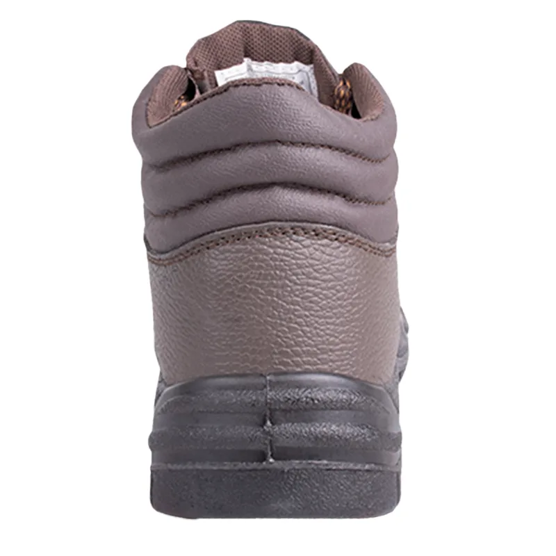 Back View of a Brown Padded Ankle Boot with a Black Sole Showing Stacked Heel and Textured Leather