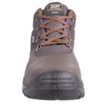 Front View of a Brown Dot Xenon Safety Boot with Orange Laces and Rugged Sole