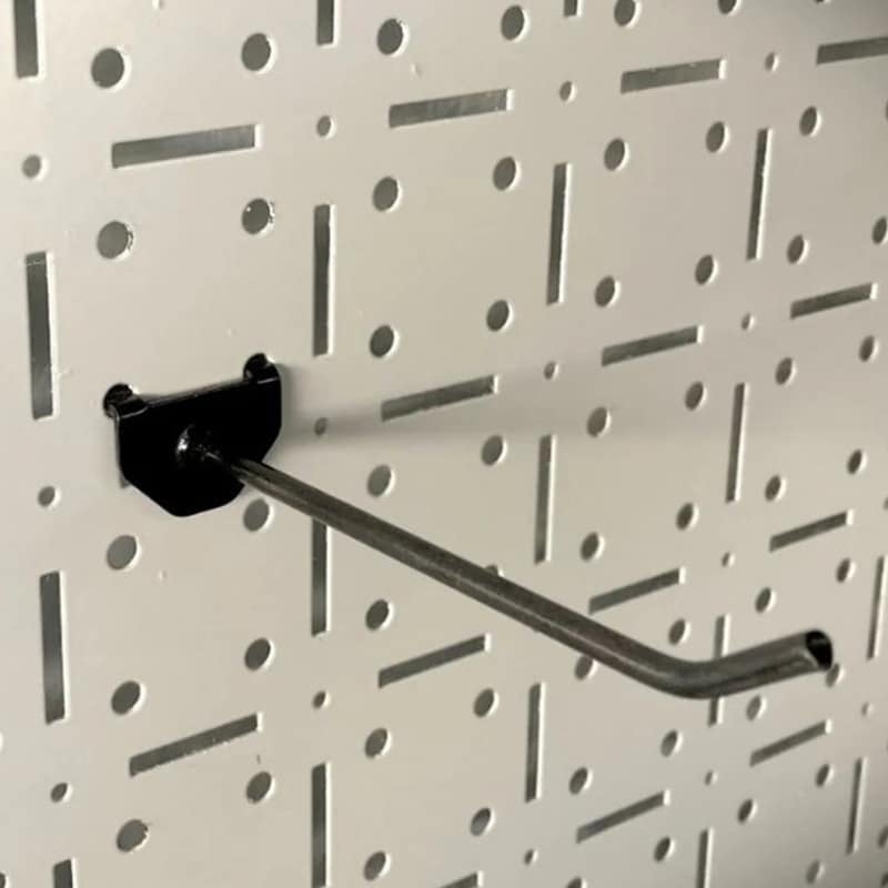 3 | Securadeal Curved Metal Pegboard Hook Protruding from a Perforated Wall Panel with a Black Mounting Base tool hanging Hook