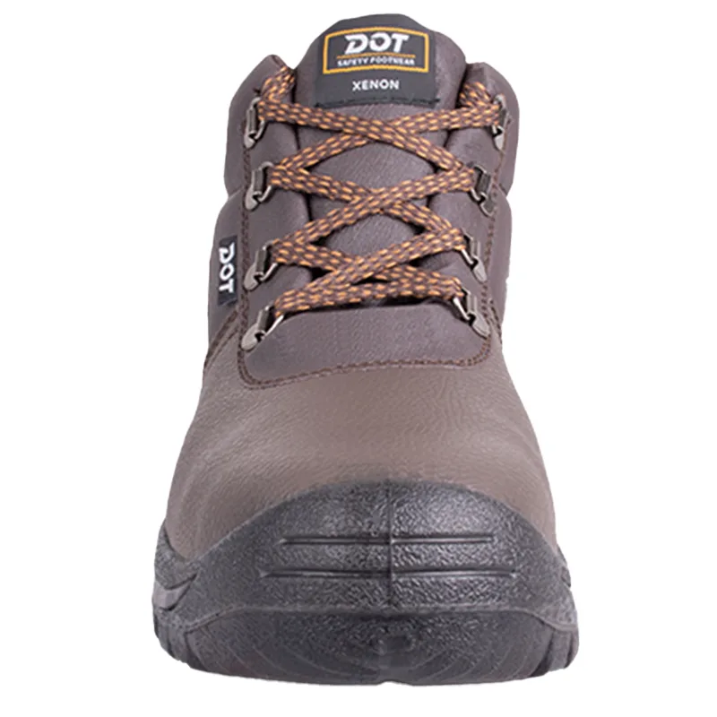 Front View of a Brown Dot Xenon Safety Boot with Orange Laces and Rugged Sole