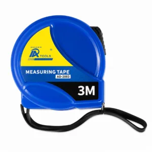 Blue retractable measuring tape with a 3 m measurement, yellow and blue label, and a black wrist strap (product image).