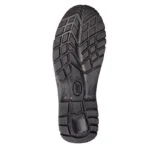 Bottom View of a Black Rugged Rubber Shoe Sole with Deep Tread Patterns and the Ecco Logo