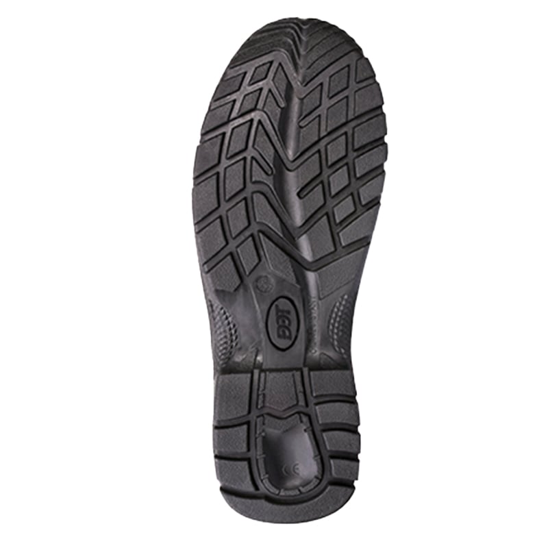 4 | Securadeal Bottom View of a Black Rugged Rubber Shoe Sole with Deep Tread Patterns and the Ecco Logo