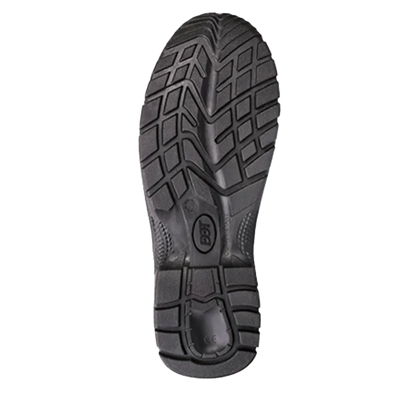 Bottom View of a Black Rugged Rubber Shoe Sole with Deep Tread Patterns and the Ecco Logo
