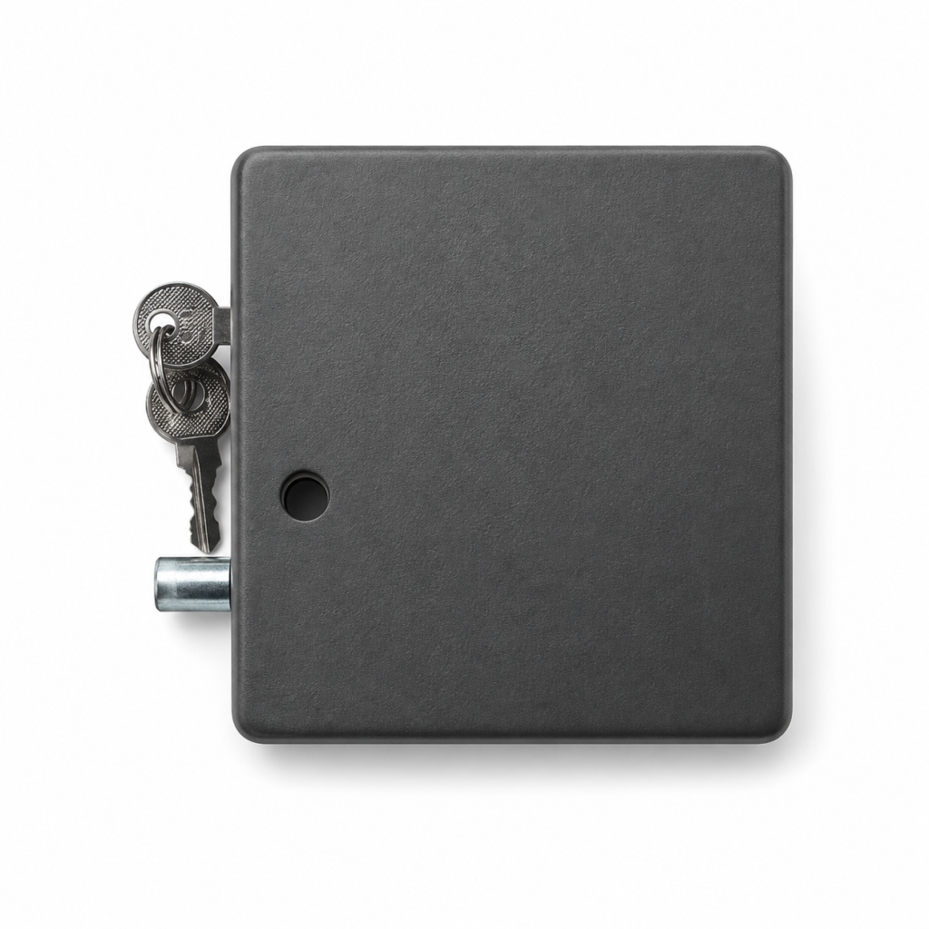 4ed020b8-f000-44ae-b952-3c6ed2ae7aaf | Securadeal Black Square Lockbox with a Key Inserted on the Left Showing a Keyring of Two Metal Keys Attached to the Lock