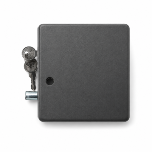 4ed020b8-f000-44ae-b952-3c6ed2ae7aaf | Securadeal Black Square Lockbox with a Key Inserted on the Left Showing a Keyring of Two Metal Keys Attached to the Lock