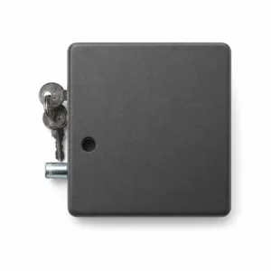 Black square lockbox with a key inserted on the left, showing a keyring of two metal keys attached to the lock.